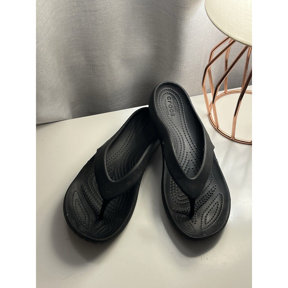 Crocs Womens 7 Black Wedge Flip Flop Sandals Iconic Comfort Thong W7